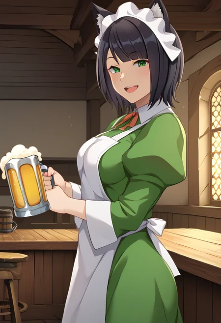 Chloe_Rollo, black hair, medium hair, cat ears, green eyes, hostess maid uniform, green dress, whte apron, puffy sleeves, maid headdress, neck ribbon, , BREAK indoors, medieval, tavern, BREAK looking at viewer, sexy face, sexy smile, open mouth, cowboy shot, standing, medieval beer mug, from side, looking at side, BREAK score_9, score_8_up, score_7_up, source_anime ,zPDXL, perfect hand, <lora:Chloe_Rollo:0.8>