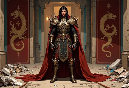 trashpunk, photograph of a muscular man in medieval fantasy armor, (((dragon tapestries in the background))), realistic style, close-up shot of a person wearing intricately designed armor, dark maroon and black colors, dragon motifs, scales and textures, detailed craftsmanship, shiny metallic finish, shoulder pauldrons with dragon heads, gauntlets with scale patterns, (torso plate with a ((large ornate dragon coiled around the chest))), armored sleeves and legs, the background is a medieval courtyard with trash on the ground, high contrast, reflective surfaces, no visible weapons or accessories, realistic texture and detail, fantasy theme, armor looks heavy and robust, no visible seams or joints, sleek and polished look, person appears to be male, medium build, dark hair partially visible, professional photography, high resolution,