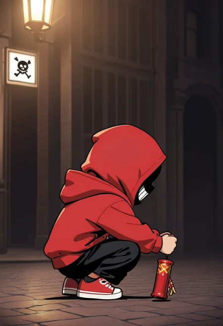 high contrast, masterpiece, best quality, amazing quality, very aesthetic, promotional art, newest, volumetric lighting, hyper detailed.
chibi, 1boy, child, solo, wide shot, malicious smile, squat, red hoodies, holding firecracker, Jolly Roger, loose pants, black pants, red sneakers, black pant, paris street.