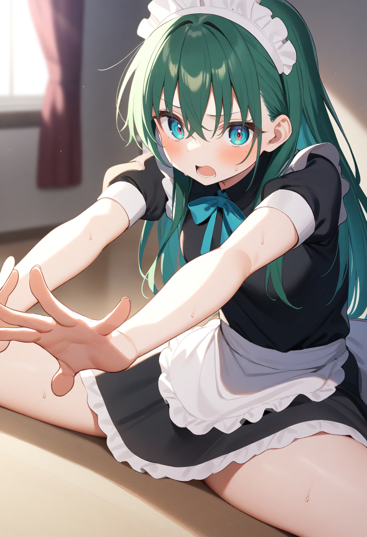 1girl,sincos, ningen mame, toosaka asagi,solo,medium breasts,20yo,maid,maid headdress,
stretching leg, stretch, sitting, spread legs,<lora:stretchingleg_XL_v1:0.8>
from behind, wide shot, looking at viewer, green hair, aqua eyes,panicking, open mouth, disheveled hair,,
best quality, very aesthetic, absurdres