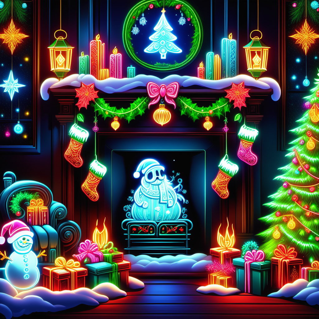 hyper detailed masterpiece, dynamic realistic digital art, awesome quality, DonMN30nChr1stGh0stsXL neon christmas card designs, jacob marley, lanterns,stuffing, tranquil and serene,wholesome and heartwarming,grateful and thankful, crystal chandeliers, hanging stockings by the fireplace  <lora:DonMN30nChr1stGh0stsXL-000009:1>