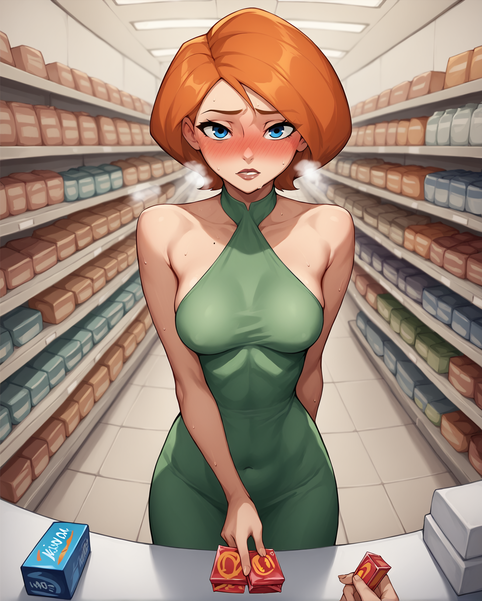 score_9, score_8_up, score_7_up, source_cartoon BREAK 1girl, solo, condom box, convenience store, ann possible, short hair, orange hair, blue eyes, pov, looking at viewer, dress, blush, heavy breathing, perky breasts, bare shoulders, standing, netorare, cheating (relationship), <lora:Buying_Condoms:1>, rating_questionable