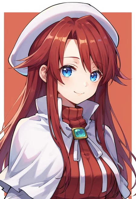 score_9,score_8_up,score_7_up,score_6_up,score_5_up,score_4_up,anime coloring BREAK source_anime,anime,<lora:Aty_Summon_Night_3_Pony_v2:0.8>,aty,1girl,solo,blue eyes,red hair,long hair,hat,red sweater,white cape,smile,multicolored background,portrait,upper body,looking at viewer,