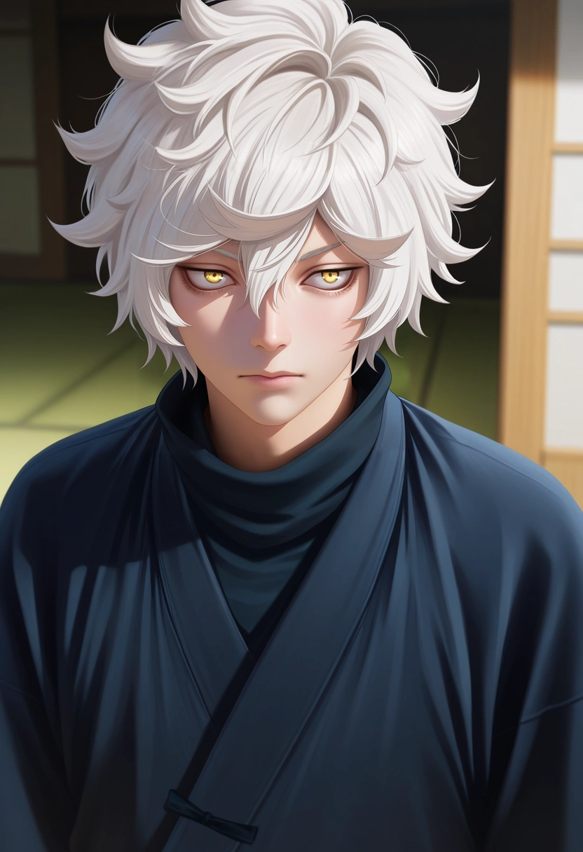 masterpiece, best quality, , (photorealistic:0.6),, 1boy, solo, male focus, <lora:gabimaru_jigokuraku_ilxl:0.96>, gabimaru_jigokuraku, white hair, yellow eyes, hair between eyes, short hair, messy hair, japanese clothes, ,