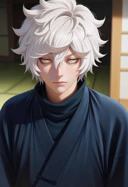 masterpiece, best quality, , (photorealistic:0.6),, 1boy, solo, male focus, <lora:gabimaru_jigokuraku_ilxl:0.96>, gabimaru_jigokuraku, white hair, yellow eyes, hair between eyes, short hair, messy hair, japanese clothes, ,