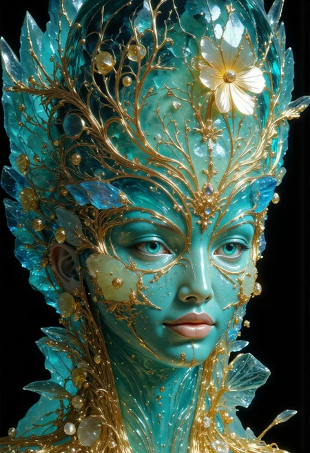 A closeup portrait of an intricate statue of a woman made of engraved crystal and glass. Her skin composed of delicate, engraved blue glass with shards of crystal intricately woven into her hair. Her eyes gleaming with a bluish, otherworldly light and she wearing a majestic, windy-blown ornate gown with crystal flowers reminiscent of a bright futuristic world. Her face and shoulders illuminated by an internal soft, ambient glow, as she is encased in a giant crystal that radiates with otherworldly energy. She stares intently at the viewer with a subtle smile. She is enveloped in an abstract explosion of vibrant colors—blue, green and yellow—splashing dynamically around her creating a dramatic vignette effect. In the styles of Royo's dark, mystical realism, Artgerm's hyper-detailed, metallic sheen, and Lovecraft's eerie, atmospheric tension, with meticulous attention to intricate textures, dramatic shading, and a sense of haunting and ethereal beauty.