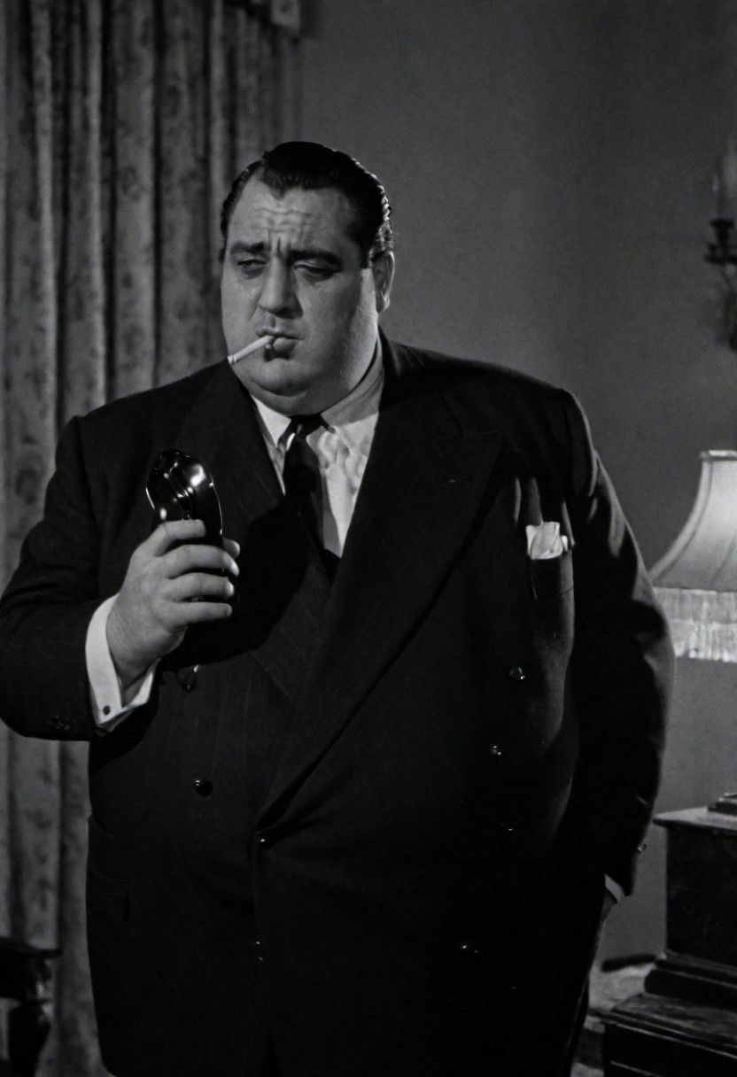 In 1950s Chicago, inside a luxurious mansion, the mafia boss, a fat man in a suit, smokes a fan while talking on the phone. Captured with a 35 mm camera, black and white, classic film noir film.