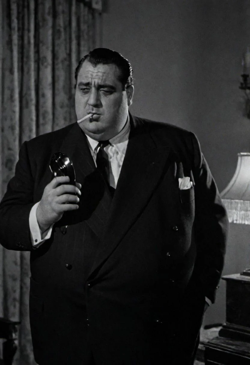 In 1950s Chicago, inside a luxurious mansion, the mafia boss, a fat man in a suit, smokes a fan while talking on the phone. Captured with a 35 mm camera, black and white, classic film noir film.