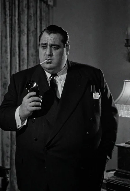 In 1950s Chicago, inside a luxurious mansion, the mafia boss, a fat man in a suit, smokes a fan while talking on the phone. Captured with a 35 mm camera, black and white, classic film noir film.