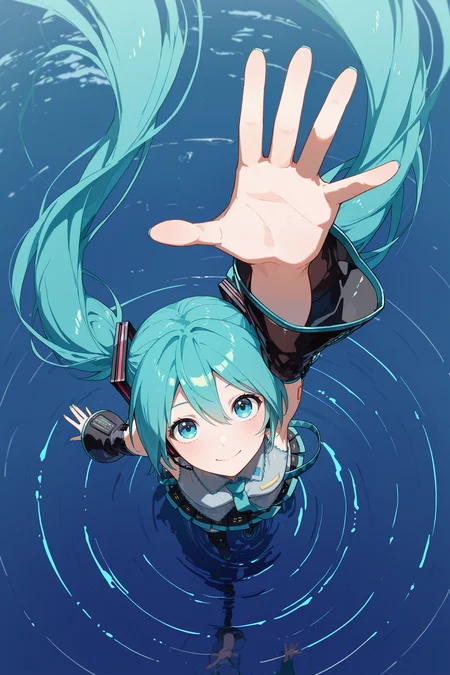 masterpiece, best quality, absurdres, safe
1girl, 	from above, perspective, hatsune miku, standing, looking up, looking at viewer, smile, outstretched arm, reaching out, ripples, [:water:0.3]
<lora:from_above_il_4_v1_d16_final:1>