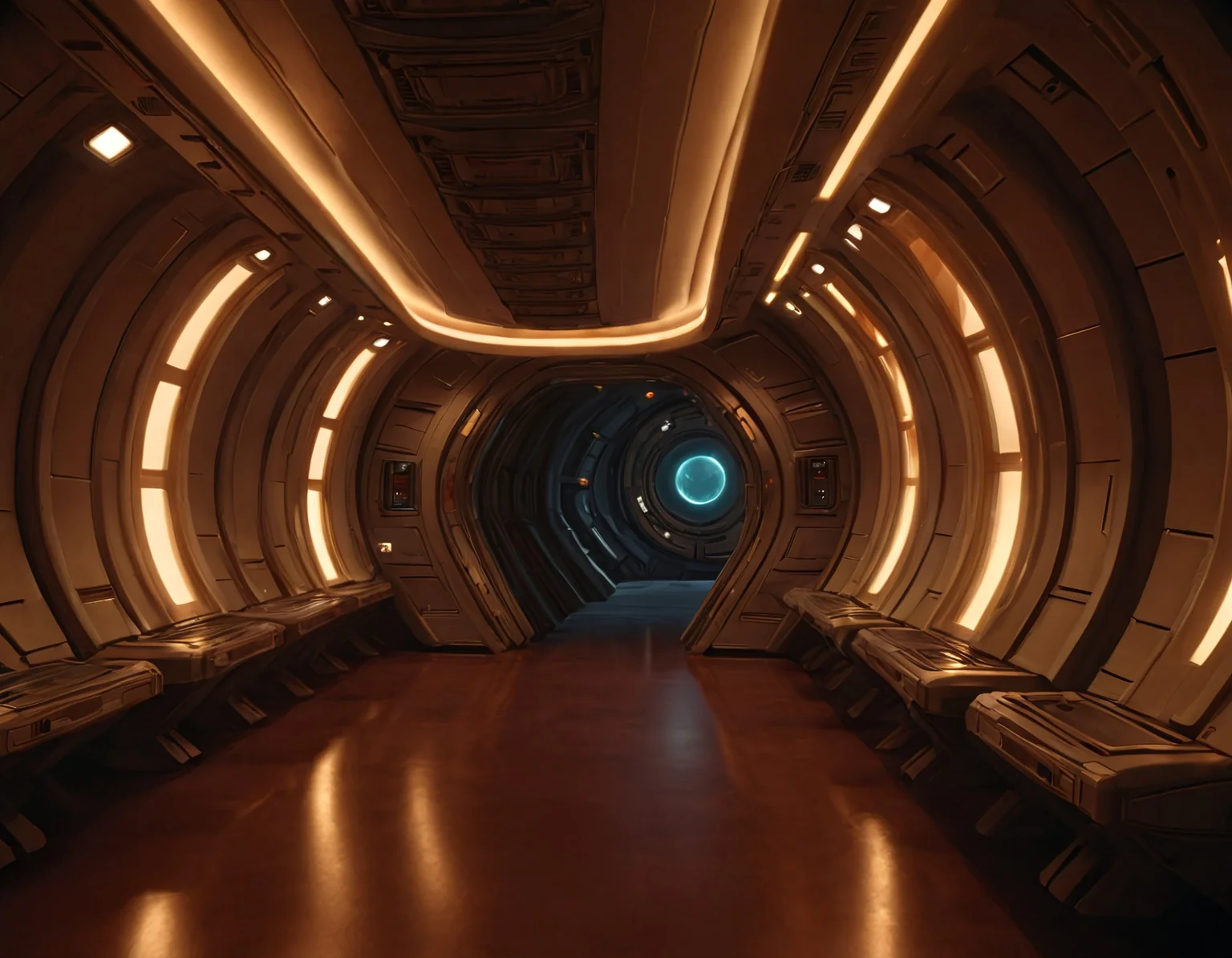 frelling, frelling interior, interior spaceship hallway, scenery,science fiction, warm lighting, a welcoming and friendly atmosphere, <lora:Frelling_Interior:1.0>