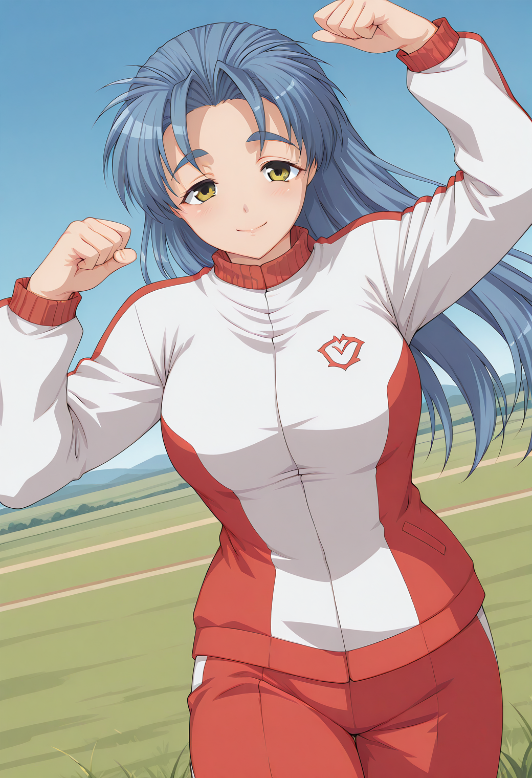ishikawa_suzumi, thick eyebrows, yellow eyes, blue hair, long hair, multicolored clothes, white sleeve, track suit, track jacket, red pants, <lora:ishikawa_suzumi_illustrious_ver1:0.8> 
smile, cowboy shot,, masterpiece, best quality, sensitive,, 1girl, solo, blue sky, (grasslands:1.2), looking at viewer,, (dynamic pose:1.4),