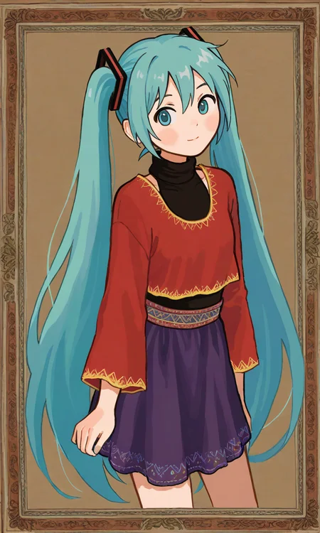 ,0waxio, Hatsune Miku, solo, turtleneck, gypsy skirt,