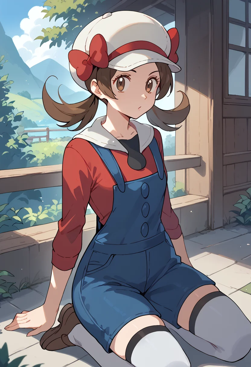 Kneeling with one knee up, <lora:LyraPony-10:1> Lyura_Def, long hair, brown hair, twintails, brown eyes, hat, cabbie hat, white headwear, ribbon, red ribbon, hat ribbon, shirt, red shirt, overalls, blue overalls, white thighhighs,, score_9, score_8_up, score_7_up, score_6_up, score_5_up, score_4_up,