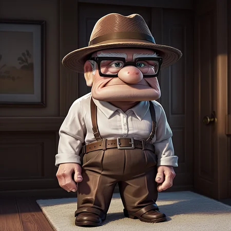 score_9, score_8_up, score_7_up, 3d <lora:df-000008:0.9> ucarloldm, 1boy, chubby, solo, glasses, shirt, belt, standing, full body, indoors, brown hat