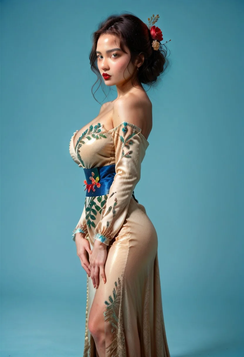 score_9, score_8_up, score_7_up,
JDMAI_ARIEL_SARI, JDMAI_KEBAYA, pureerosface_v1,
tight long red kebaya dress, long sleeves, deep neckline, bare shoulders, flower hairpin, decorated sash, brocade decoration, sequin decoration,
(dynamic lighting), (dynamic shadow), 4k, HD, Hi res, cinematic masterpiece, photographic masterpiece,
contrapposto pose, zoomed in, bust shot, side view, hands on stomach,
beautiful make-up, glossy lips, red lips, blushing, 40GG cup Breasts, massive breasts size, natural breasts shape, narrow waist, wide hips, round ass, thick thighs, thigh gap, barefoot,
(simple turquoise background), (blurry background), (sharp focus on object),