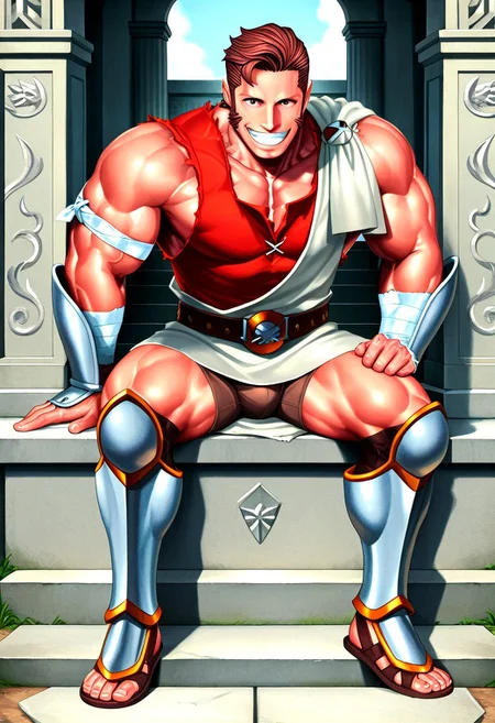 masterpiece, best quality, amazing quality, very aesthetic, absurdres, newest, gohheracilxl, 1boy, brown hair, mature male, smile, grin, male focus, belt, muscular, sandals, red underneath vest, brown shorts, white toga, single cloth armband, leg bandages, bulging muscles, greaves, belt buckle, sideburns, sitting, sunny, greek temple