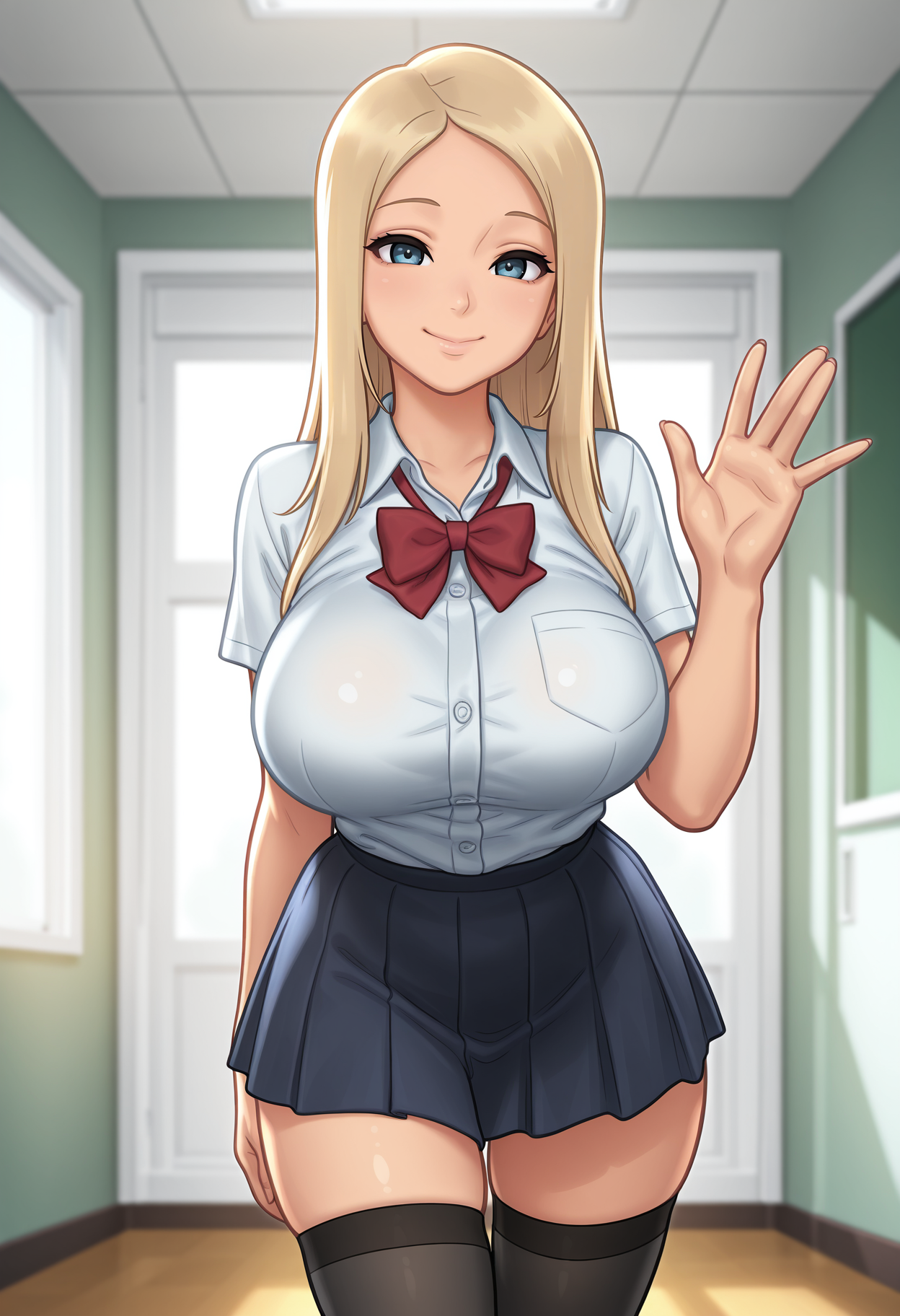1girl,solo,blonde hair, long hair, large breasts, 
school uniform, skirt,thighhighs, waving, looking at viewer, smile,indoors
,masterpiece,best quality,amazing quality,<lora:Summertime_Saga-style_ix:0.8>