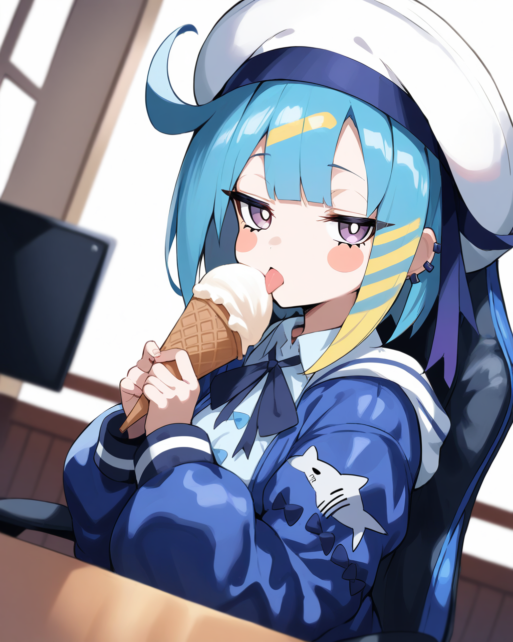 1girl,
LiveTwinLil-laYu-Gi-Oh,
sensitive, solo, dynamic angle, upper body, chibi,
looking viewer, blush stickers,
licking, holding ice cream,
sitting, gaming chair,
sailor hat, hat ribbon, 
hooded jacket, neck ribbon, puffy sleeves,
collared dress,
breasts,
table,
depth of field,
<lora:kp_LiveTwinLil-laYu-Gi-OhAnimagineXL_v1_1:1.0>,
masterpiece, high score, great score, absurdres