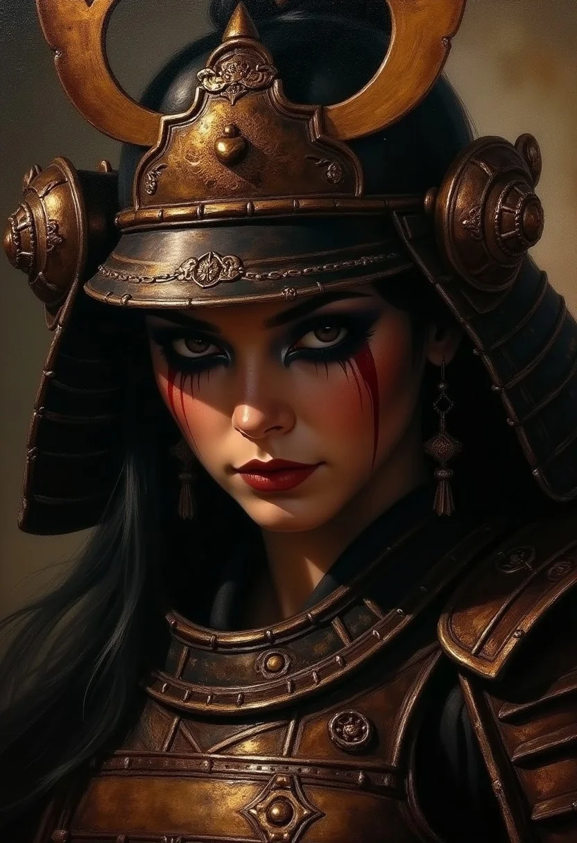 detailed renaissance oil painting, masterpiece, female japanese warrior in Armor, dramatic make-up, chiascuro, lighting on face closeup portrait