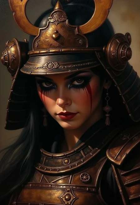 detailed renaissance oil painting, masterpiece, female japanese warrior in Armor, dramatic make-up, chiascuro, lighting on face closeup portrait