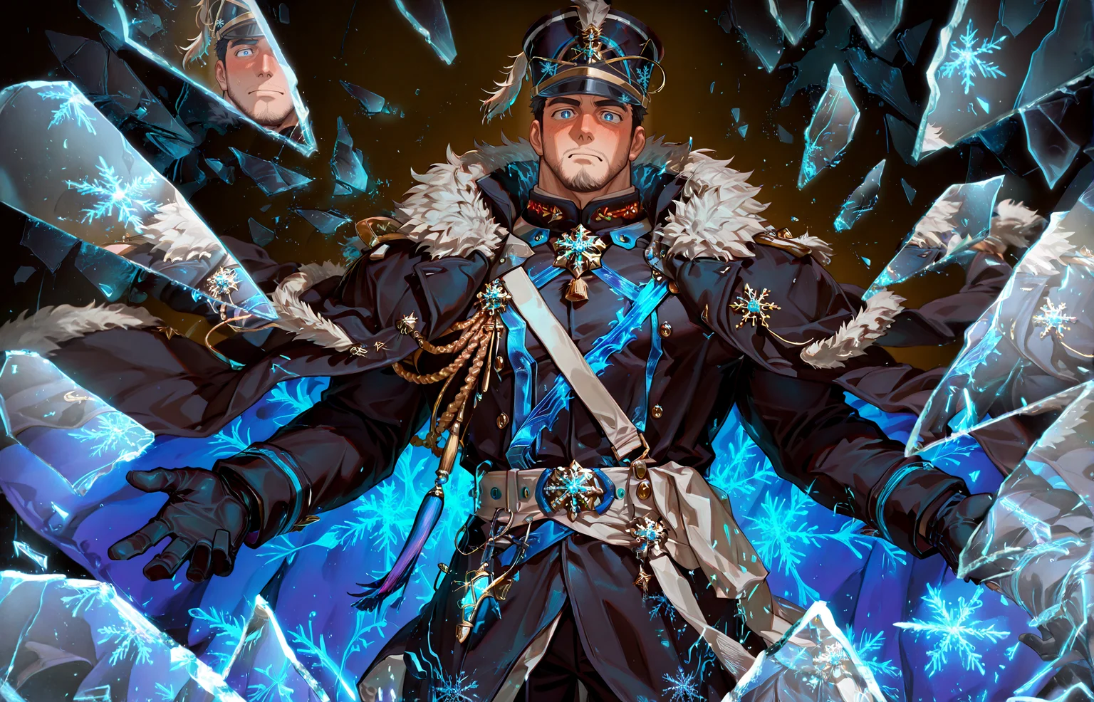 <lora:concept_hsBrokenGlass1llust:.9> broken glass,glass shards,glass,reflection,looking at viewer
<lora:face_Edwin__Alchemist_Code-000004:.7>, tagatameedwin, 1boy, black hair, dark blue eyes, short hair, solo, male focus, manly, bara, mature male, muscle body, shako hat, fur trim, snowflakes pin, coat, aiguillette, shirt, sash, gloves, glowing pattern, tassel, pants, boots,
cowboy shot,
(very short hair, beard, bara, mature, facial hair, stubble, beard, full beard, sideburn, beard, a lot of beard, ), facial hair,male focus, muscular male, muscular male, bara, mature, bara, mature, aixiwuganda_(20222192), very awa, masterpiece, best quality, absurdres, newest, perfect quality, detailed background, intricate details,
<lora:slider_Body Type_alpha1.0_rank4_noxattn_last:3><lora:Anime Summer Days 2 Style SDXL_LoRA_Pony Diffusion V6 XL:.6><lora:slider_cfg_scale_boost:.7><lora:Artist6p:.55>, Artist6p, Artist04p,<lora:slider_il_brightness_slider_d1:-1><lora:slider_il_contrast_slider_d1:-1><lora:slider_DarkSlider1.2_alpha1.0_rank16_full_300steps:-.6><lora:slider_contract_controller_illus01_v1:.5>,