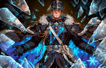 <lora:concept_hsBrokenGlass1llust:.9> broken glass,glass shards,glass,reflection,looking at viewer
<lora:face_Edwin__Alchemist_Code-000004:.7>, tagatameedwin, 1boy, black hair, dark blue eyes, short hair, solo, male focus, manly, bara, mature male, muscle body, shako hat, fur trim, snowflakes pin, coat, aiguillette, shirt, sash, gloves, glowing pattern, tassel, pants, boots,
cowboy shot, 
(very short hair, beard, bara, mature, facial hair, stubble, beard, full beard, sideburn, beard, a lot of beard, ), facial hair,male focus, muscular male, muscular male, bara, mature,  bara, mature, aixiwuganda_(20222192), very awa, masterpiece, best quality, absurdres, newest, perfect quality, detailed background, intricate details,
<lora:slider_Body Type_alpha1.0_rank4_noxattn_last:3><lora:Anime Summer Days 2 Style SDXL_LoRA_Pony Diffusion V6 XL:.6><lora:slider_cfg_scale_boost:.7><lora:Artist6p:.55>, Artist6p, Artist04p,<lora:slider_il_brightness_slider_d1:-1><lora:slider_il_contrast_slider_d1:-1><lora:slider_DarkSlider1.2_alpha1.0_rank16_full_300steps:-.6><lora:slider_contract_controller_illus01_v1:.5>,
