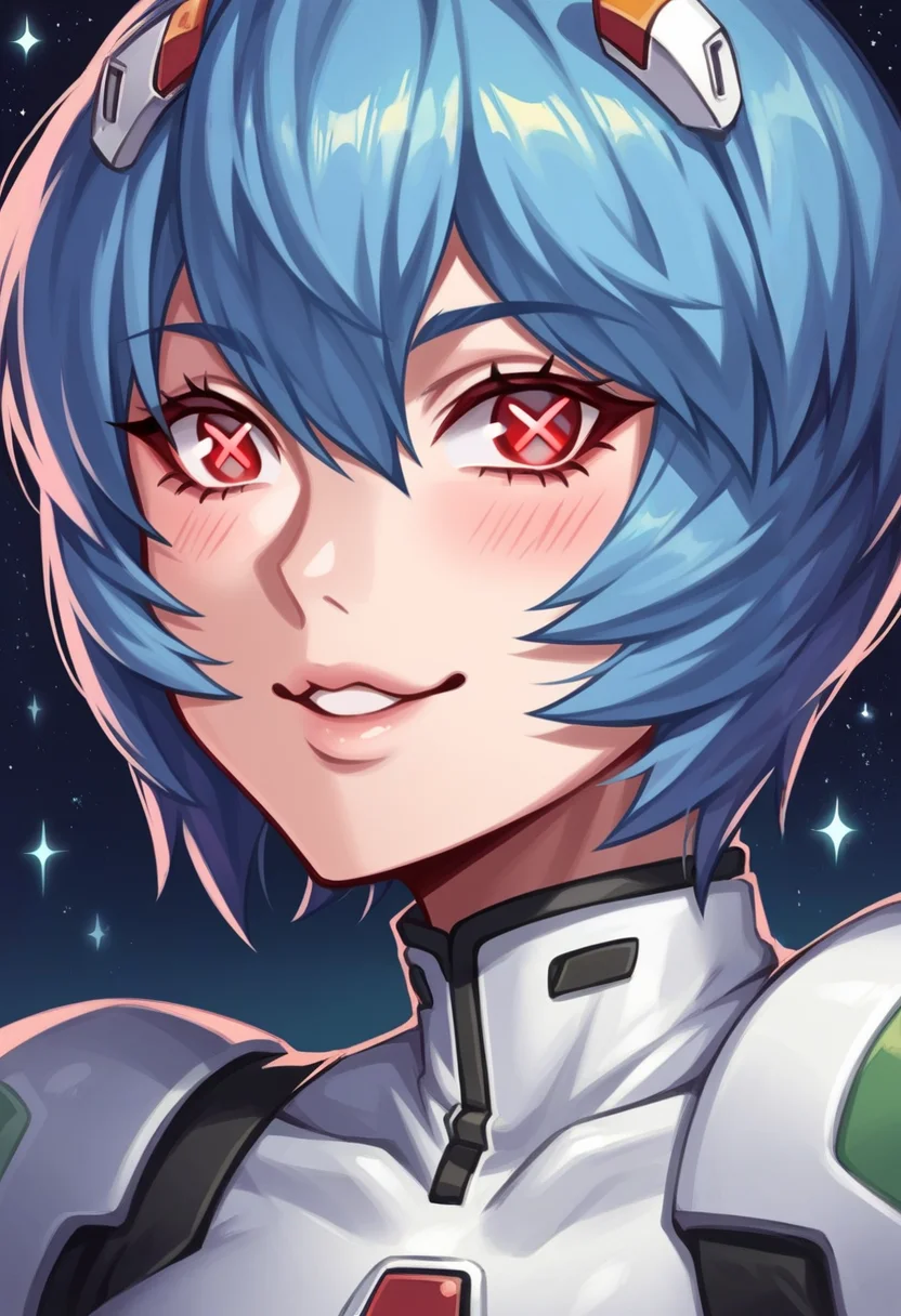 score_9, score_8_up, score_7_up, source_anime BREAK close-up, face, lips, freckles, eye focus, ayanami rei, pilot suit,
blue hair, red eyes, smile, lips,
starry sky,