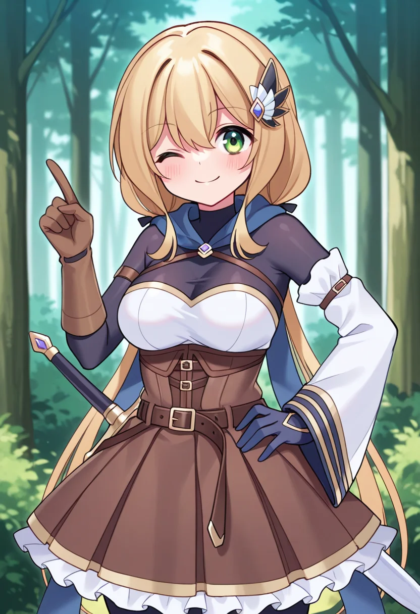 1girl, solo, chanyuusha, blonde hair, low twintails, very long hair, hair ornament, green eyes, scarf, medium breasts, bodysuit, arm strap, frilled dress, corset, single detached sleeve, single glove, single fingerless gloves, mismatched gloves, belt, sword, sheathed, outdoors, forest, wink, smile, hand on hip, index finger raised, cowboy shot, looking at viewer, outdoors, forest,