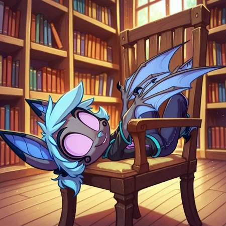 Dreamkeepers,1girl,Prelude_Vanth,solo,furry,source_furry,blue hair,wings,furry,bat wings,
kid, child,
masterpiece, best quality, amazing quality, lying on chair sideways, on back, from side, looking at viewer, silly, indoors, (ancient library:1.2), high bookshelves, wooden floor, (dark shadows:0.9), (high contrast:0.9), volumetric lighting, intricate details, blurry background, depth of field