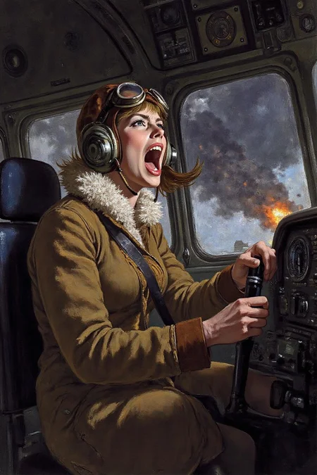 robmc1 illustration.
A female pilot screaming inside the cockpit of a World War II bomber. The pilot, wearing a vintage leather flight helmet with goggles and a bomber jacket, grips the controls with white-knuckled hands. Her face is contorted in a mix of fear and determination as she yells, her eyes wide with adrenaline. The cockpit is cramped and filled with old-fashioned dials and gauges, with the outside view showing dark stormy clouds and distant anti-aircraft fire <lora:robmc1_cap_d6a3e12:1.0><lora:820280187645104156:0>