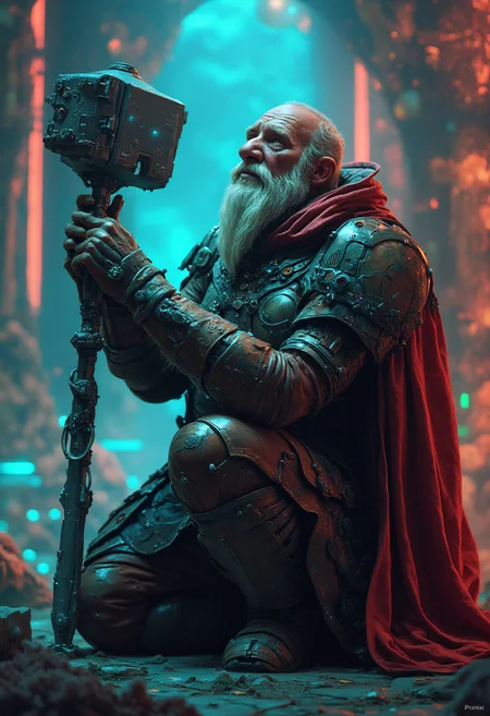 vikingpunk style, A grizzled, aged futuristic Viking warrior, a battle-hardened veteran, kneels in prayer amidst the iridescent glow of a cyberpunk temple, his eyes cast upward toward the holographic projections of Asgard's gods that dance across the walls. His suit of advanced, articulated armor bears the scars of countless battles, as he tenderly grasps an ornate, high-tech hammer that seems imbued with a power from realms beyond his own - while a faint hum of machinery emanates from beneath his leather cloak - and cybernetic eye gleams with an air of aged wisdom within his grizzled face. <lora:fluxVikingPunk_epoch_1> , <lora:other/FluxDFaeTasticDetails:1.0> . Nordic and Viking-inspired aesthetic with armor elements, mechanical enhancements, and futuristic technology