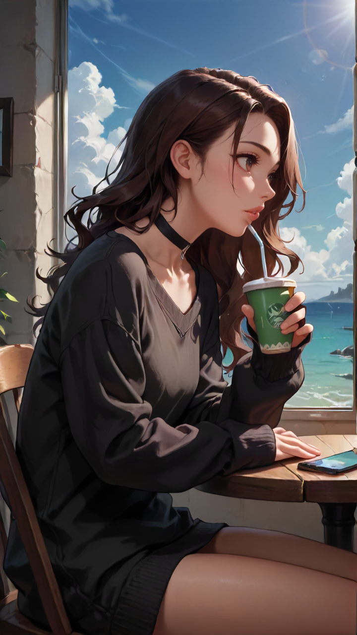 concept art, dark theme, low light, ((score_9), score_8_up, score_7_up), score_6_up, score_4_up, score_5_up, 1girl, solo, brown hair, long hair, cup, phone, brown eyes, cellphone, sitting, choker, smartphone, cloud, parted lips, sky, sweater, window, long sleeves, lips, sleeves past wrists, black choker, disposable cup, outdoors, wavy hair, table, ocean, blush, building, sunlight, day, black sweater, from side, water, cloudy sky, skyline, indoors, chair, drinking straw, looking to the side, <lora:sinfully_stylish_SDKL:0.8> <lora:Concept Art DarkSide Style LoRA_Pony XL v6:0.8>