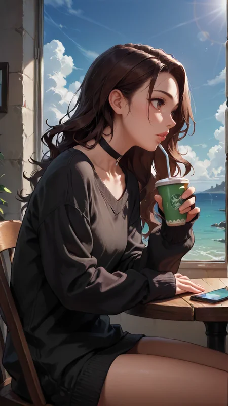 concept art, dark theme, low light, ((score_9), score_8_up, score_7_up), score_6_up, score_4_up, score_5_up, 1girl, solo, brown hair, long hair, cup, phone, brown eyes, cellphone, sitting, choker, smartphone, cloud, parted lips, sky, sweater, window, long sleeves, lips, sleeves past wrists, black choker, disposable cup, outdoors, wavy hair, table, ocean, blush, building, sunlight, day, black sweater, from side, water, cloudy sky, skyline, indoors, chair, drinking straw, looking to the side, <lora:sinfully_stylish_SDKL:0.8> <lora:Concept Art DarkSide Style LoRA_Pony XL v6:0.8>