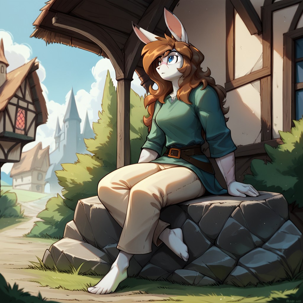 score_9_up, score_8_up, score_7_up, score_6_up, outdoors, medieval town, day, BREAK
aleanora, rabbit, furry, female, breasts, brown hair, long hair, white fur, facial scar, solo, sitting on rock, looking away, green shirt, belt, brown pants, barefoot, blue eyes, scars