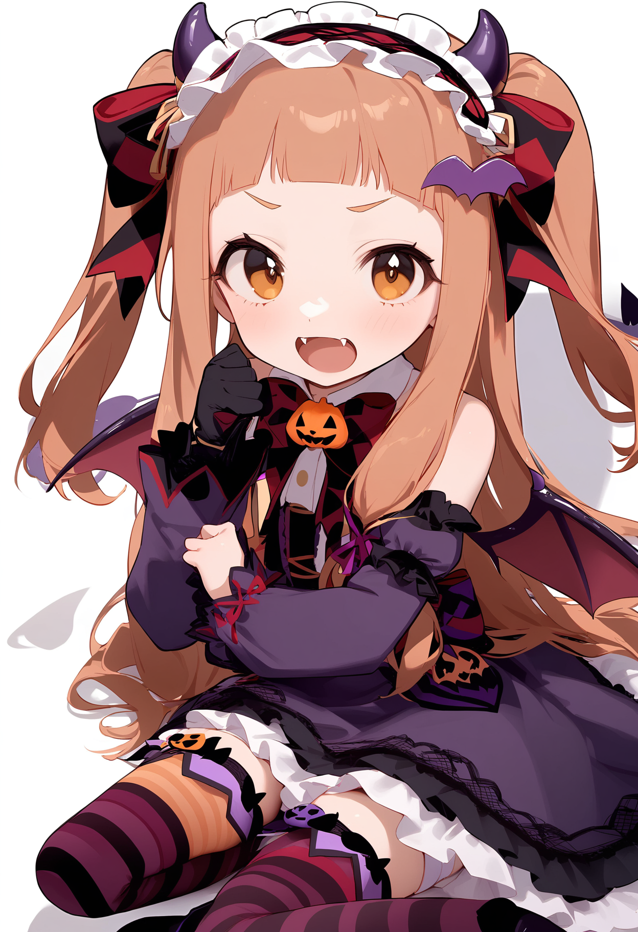 1girl,ichihara nina,two side up,frilled hairband,open mouth,solo,blush,demon tail,demon wings,looking at viewer,d,demon horns,long sleeves,bat hair ornament,detached sleeves,black gloves,halloween,simple background,striped clothes,bow,fake horns,frilled dress,striped thighhighs,sidelocks,dress,fangs,puffy sleeves,purple dress,purple gloves,ribbon,white background,<lora:a31_char_new_ichihara_nina:1>masterpiece, best quality, absurdres<lora:a31_style_koni-000010:0.8>