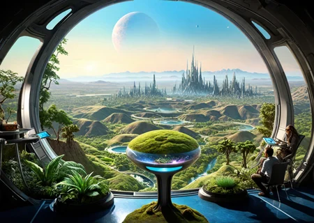 A scenic view from a futuristic, eco-friendly habitat harmoniously integrated with the alien landscape of a distant planet, as seen through the expansive, dome of an elevated flat structure,dome of an elevated towering structure, with inhabitants engaged in leisurely activities at a distance,
lounging figures, holographic projections or data pads, exotic beverages or snacks, pets or robots, plants and trees with iridescent or bioluminescent foliage, unearthly colors of the planet's terrain, delicate, winged creatures or hovering drones, a sprawling, alien garden or observatory, the city's inhabitants moving about in the background, intricate patterns or organic textures, a serene, tranquil atmosphere,
(trending:0.89) (epic:1.2, (high image quality:1.08), (RAW:0.75),high definition,amazing quality, absurdres, <lora:LCMTurboMix_Euler_A_fix.safetensors:0.96:0.3> <lora:sdxl\pony-realism-22-nsfw-photo.safetensors:0.85:0.18> <lora:sdxl\add-detail-xl.safetensors:0.87:0.10 p13,s1