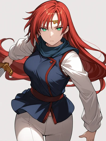 masterpiece,best quality,newest,
1girl,solo,
<lora:elenoa_ilxl_v3.9:1>,elenoa,red hair,very long hair,green eyes,
e_circlet,e_02clothes,long_sleeves,white sleeves,blue clothes,white pants,e_sword,holding sword,
<lora:Fixhands_anime_bdsqlsz_V1:1>,cowboy_shot,expressionless,serious,portrait,looking_at_viewer,ready to draw,floating hair,white_background,simple_background,