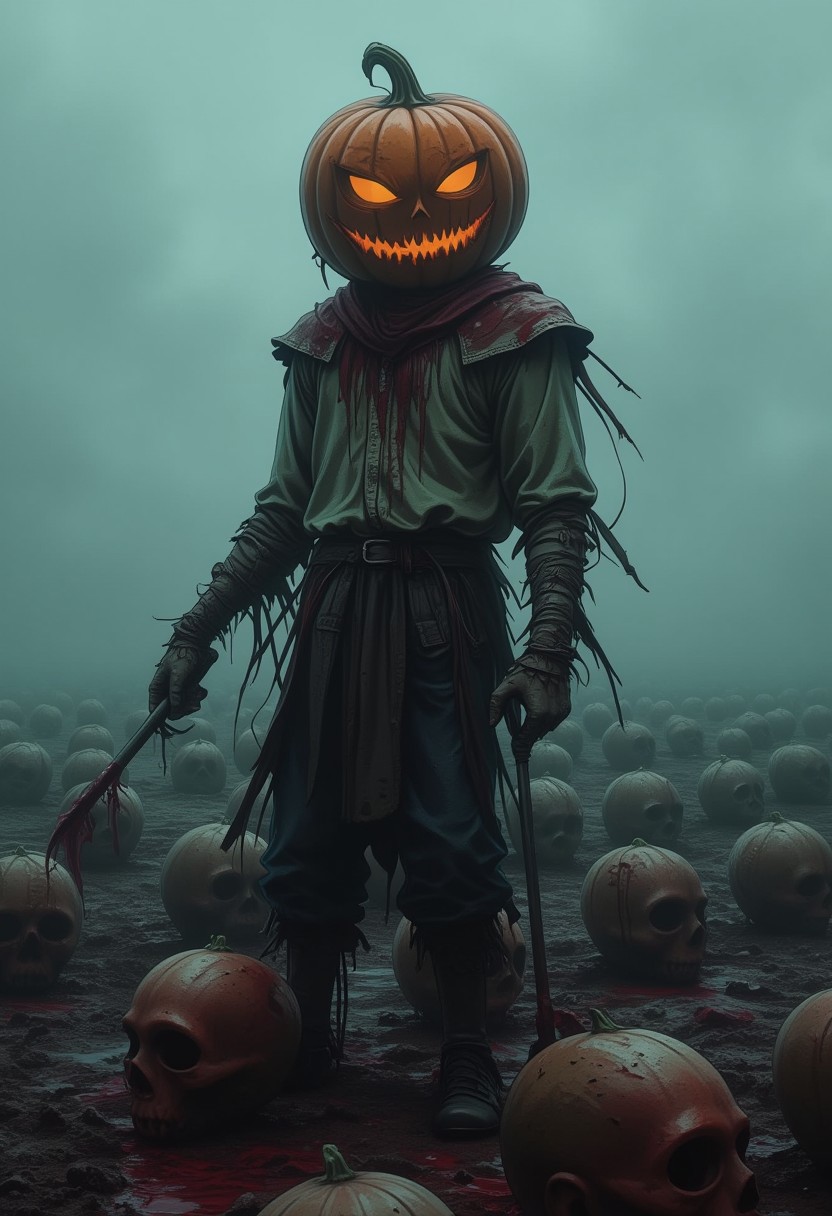 (((8k resolution))), (((absolute masterpiece))), (((best quality))), ultra detailed, score_9, score_8_up, score_7_up, eerie and dark atmosphere, a scarecrow with a large pumpkin head, jagged carved eyes and a sinister grin, standing in a blood-soaked field, cultivating rows of human heads with blood dripping from them, the scarecrow's tattered clothing flutters in the wind, sharp, claw-like hands holding farming tools, dim and foggy sky in the background, blood splattered on the ground, soft shading, subtle details, unsettling yet captivating scene.