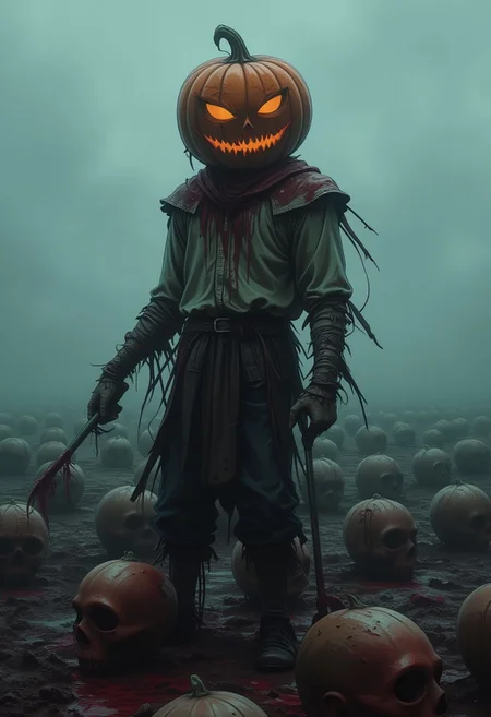 (((8k resolution))), (((absolute masterpiece))), (((best quality))), ultra detailed, score_9, score_8_up, score_7_up, eerie and dark atmosphere, a scarecrow with a large pumpkin head, jagged carved eyes and a sinister grin, standing in a blood-soaked field, cultivating rows of human heads with blood dripping from them, the scarecrow's tattered clothing flutters in the wind, sharp, claw-like hands holding farming tools, dim and foggy sky in the background, blood splattered on the ground, soft shading, subtle details, unsettling yet captivating scene.