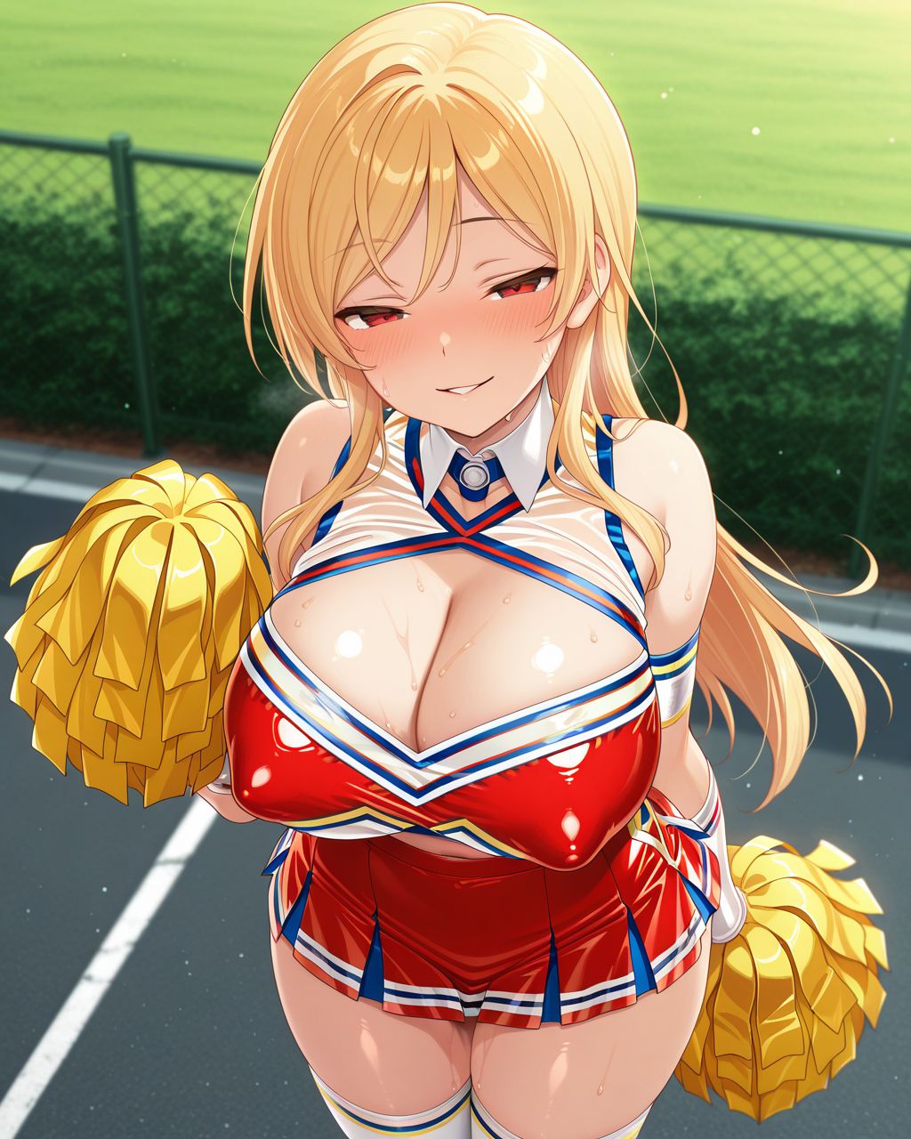 solo, standing, BREAK
1girl,big breasts,lovestruck,seductive smile,in heat,embarrassed,BREAK
blonde hair,long hair,red eyes,cheerleader,BREAK
shiny skin,erect nipples,outdoors, sweat,BREAK
masterpiece,best quality,amazing quality,explicit,anime coloring,   <lora:KSILL:0.75><lora:総司Ill:0.75>