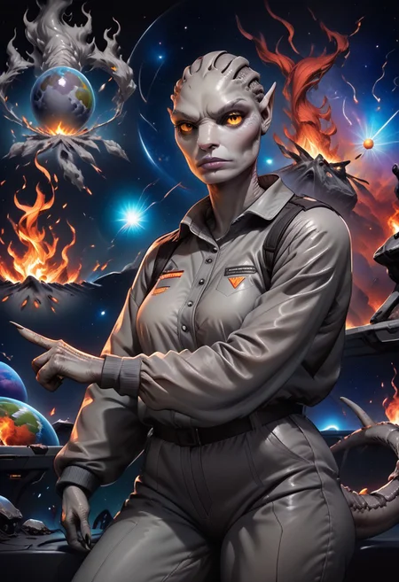 lazyup7, allori, source_cartoon, gray alien, solo, space background, pointing, looking at viewer, facing viewer, burning planet earth in the distance