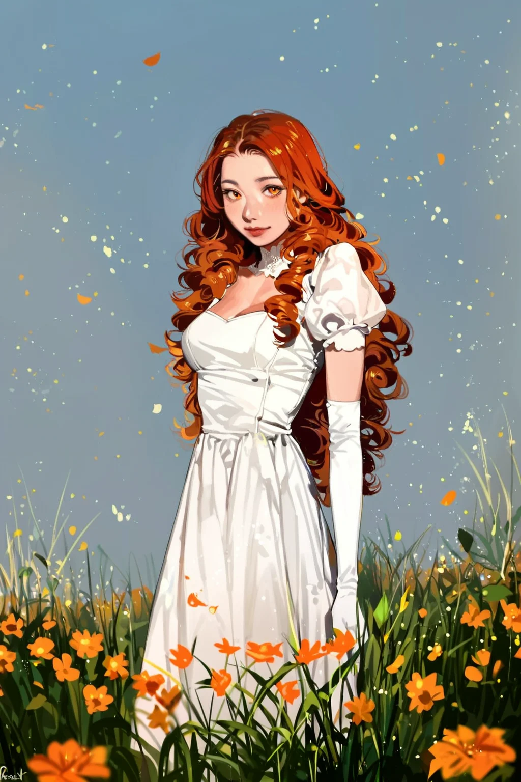 score_9, score_8_up, score_7_up, rating_safe, 1girl, solo, long hair, curly hair, wavy hair, orange hair, orange eyes, looking at viewer, breasts, dress, white dress, puffy sleeves, puffy short sleeves, short sleeves, gloves, elbow gloves, white gloves, cowboy shot, closed mouth, standing, outdoors, field, flower, grass, plant, sky, <lora:satou_t:1>,âââ