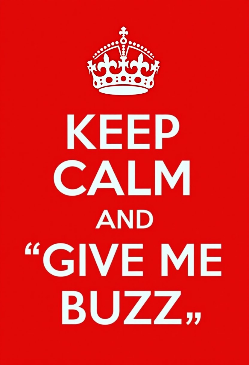 meme, red background, "KEEP CALM AND GIVE ME BUZZ"