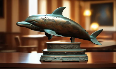 <lora:bronzecd_xl-000006:0.8>,a statue of a dolphin made of bronze in office scene,full body,bronzecd_xl,indoors,chinese zodiac,wooden table,cutie,cute,still life,animal statue,front view,facing viewer,looking at viewer,fine art,(Unbelievable Digital Artwork:1.3),CGSociety,ArtStation,master works, emotional, harmonious, high budget, moody, epic, gorgeous, perfect lighting, realistic, photorealistic, photographic, photo (medium),real, moody lighting, volumetric lighting, reality ray tracing, 8K, HDR, UHD, masterpiece, best quality, highly detailed, high resolution, finely detail, extremely detailed, ultra detailed, wallpaper