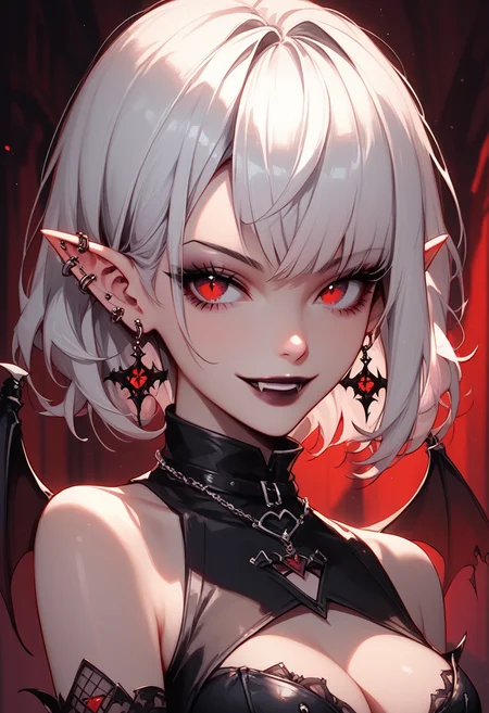 score_9, score_8_up, score_7_up,  Goth girl, goth girl 1girl, 1girl,solo,breasts,looking at viewer,smile,short hair,bangs,red eyes,gloves,cleavage,bare shoulders,jewelry,medium breasts,upper body,white hair,earrings,wings,pointy ears,black gloves,elbow gloves,virtual youtuber,medium hair,blurry,blurry background,piercing,cleavage cutout,ear piercing,vampire,  <lora:add-detail-xl:0.4> , <lora:[GP] somethingweird [Pony XL]:0.15>, <lora:g0th1cPXL:0.3>,  <lora:Goth_girl_XL-v2:0.8> ,<lora:st4t1ctvXLP:0.8>