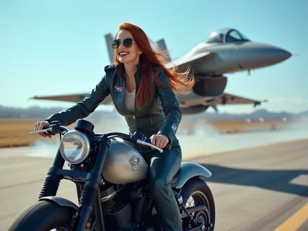 cinematic film still a colorful, high contrast, vivid photograph a beautiful woman smiles wearing a flight suit is the riding a Harley Motorcycle on an airport runway, blue eyes, long red hair floating behind in the breeze, an F14 flying just in the air with no landing gear in the background racing her (the side of the motorcycle gas tank says TOP BUZZ:1.6), smoke emitted from behind the F14, highly insanely detailed, masterpiece, top quality, best quality, highres, 4k, 8k, RAW photo, shallow depth of field, vignette, highly detailed, high budget, bokeh, cinemascope, moody, epic, gorgeous, film grain, grainy