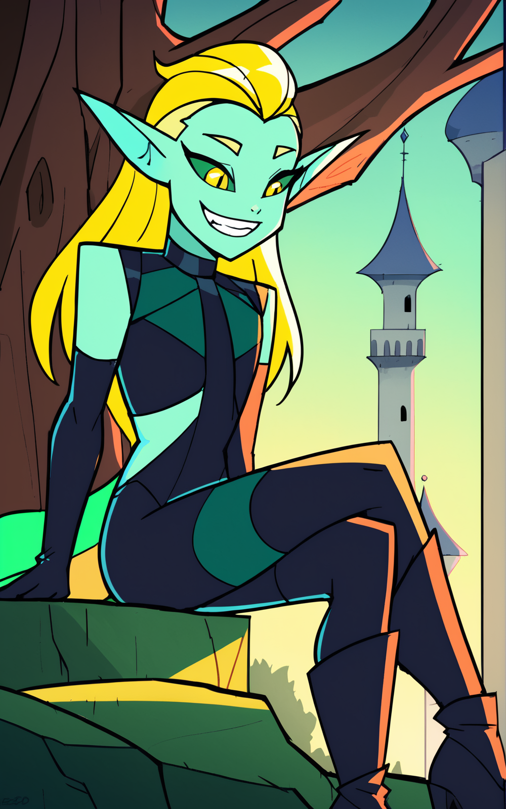 score_9, score_8_up, score_7_up,((best quality)), absurdres,<lora:BolivanteStyle:0.8>,  <lora:DTSRPXLv2:0.8>,DTSRPXL, multicolored bodysuit, black bodysuit, bodysuit,blonde hair,tail, boots, pointy ears, black footwear, high heels, colored skin, high heel boots, green sclera, green skin,gloves, elbow gloves,slim,long hair,flat chest,yellow eyes, forest, castle, outside, sitting, crossed legs,smile, grin,smug