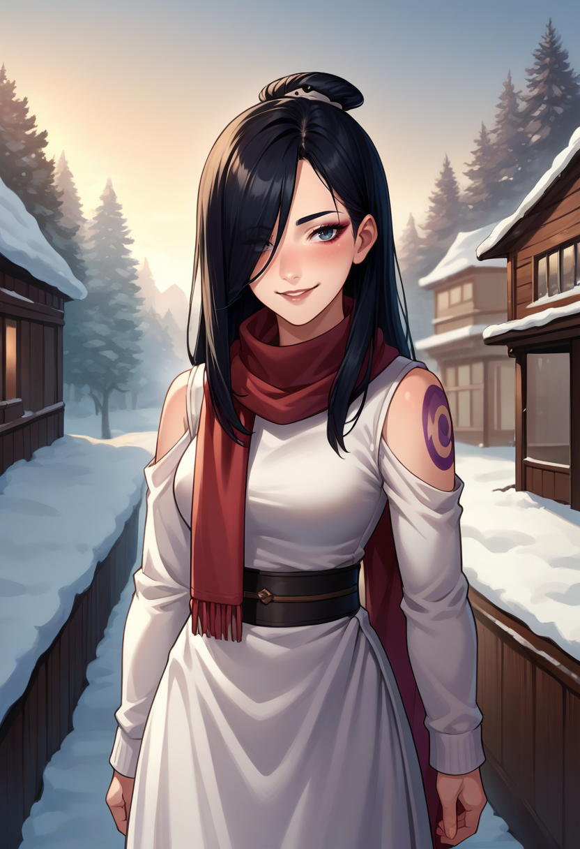 score_9, score_8_up, source_anime, 1girl, solo, JuneAvatar, makeup, shoulder tattoo, black hair, hair over one eye, long hair, topknot, turtleneck sweater, long skirt, outdoors, scarf, winter, smile, blush, shoulder cutout, <lora:ChamJunePonyXL:1>