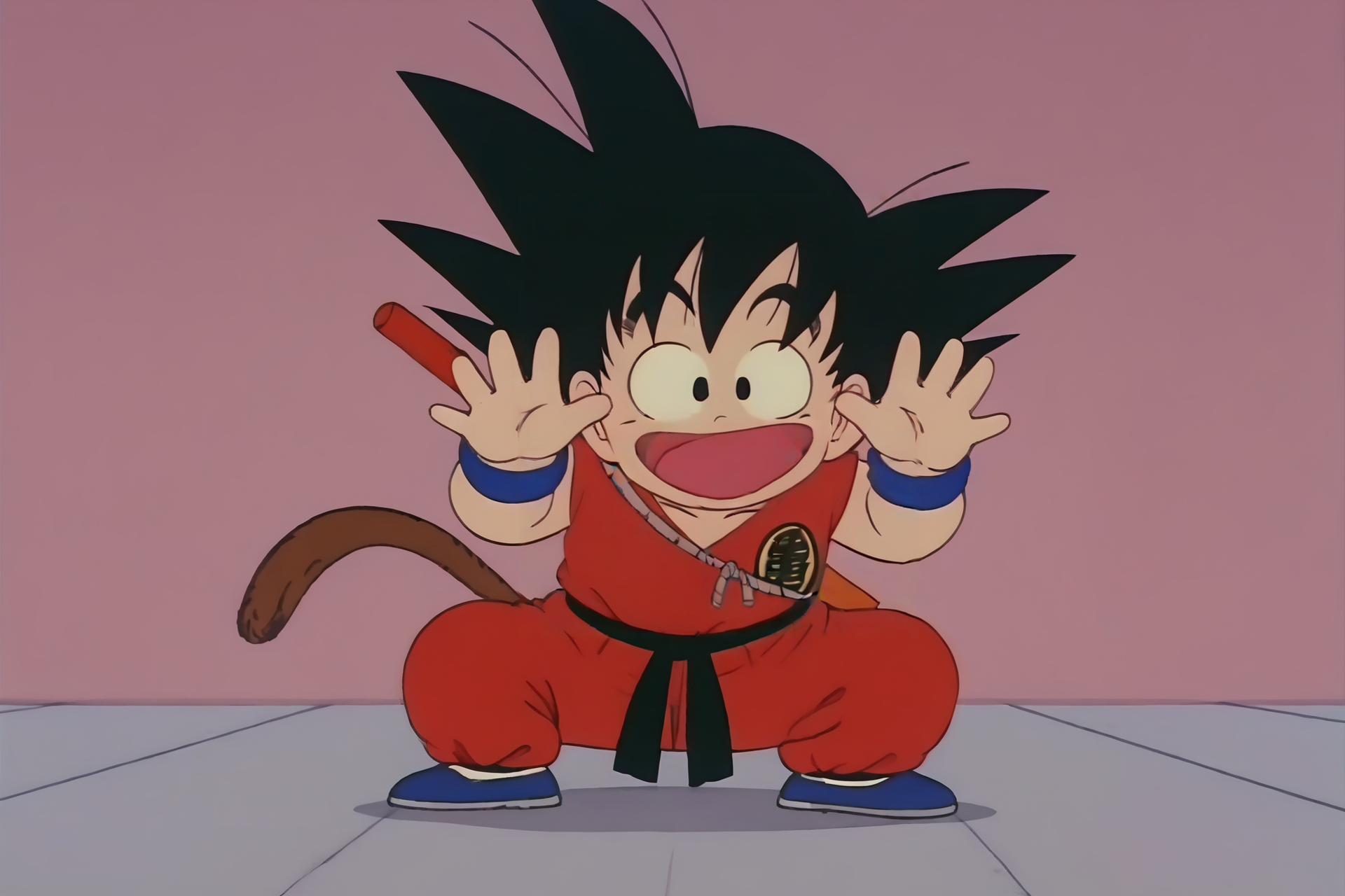 source_anime, score_9, score_8_up, score_7_up, anime screencap,8k, absurd res, son goku, solo, looking at viewer, smile, open mouth, black hair, 1boy, tail, full body, :d, male focus, black eyes, happy, spiked hair, wristband, fighting stance, dougi, against glass, monkey tail, white legwear, weapon on back, waving, shoes, socks, squatting, red pants, red topwear, symbol, raised eyebrows, print topwear, palms, male child, chibi, clothes writing, blue wristband, blue footwear, black sash, 1980s \(style\), retro artstyle, sleeveless
 <lora:gokudb_pony_v3:0.8>